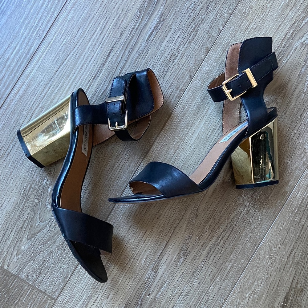 Steve Madden Black and Gold Block Heel Sandals